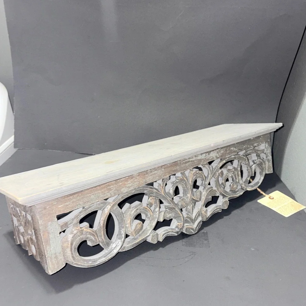 Handcrafted Indian Wood Wall Shelf Ornate Carved Scrollwork Distressed Grey 24in
